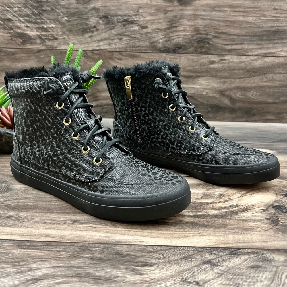 NIB Sperry Crest Vibe Canvas High Top Sneaker Black Animal Print Textile - Picture 5 of 13